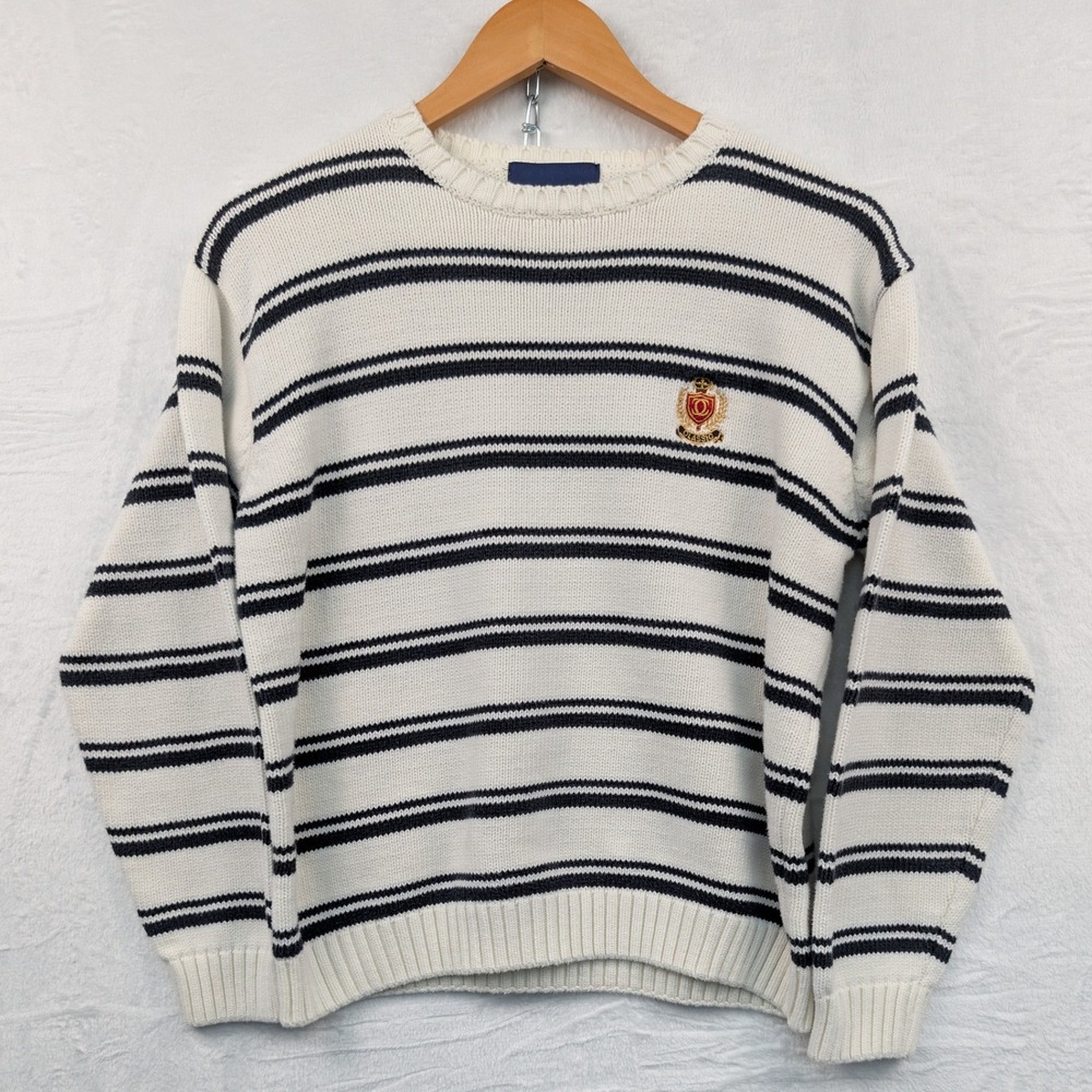 VTG Charter Club Sweater Men's M White Striped Preppy Nautical Crest Cotton 90s